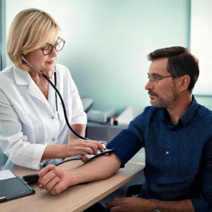 Femme médecin en train de prendre la tension à un homme